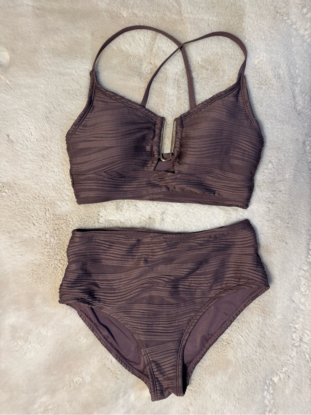 NWOT Brown Textured Two Piece Swim Suit - Picture 1 of 4